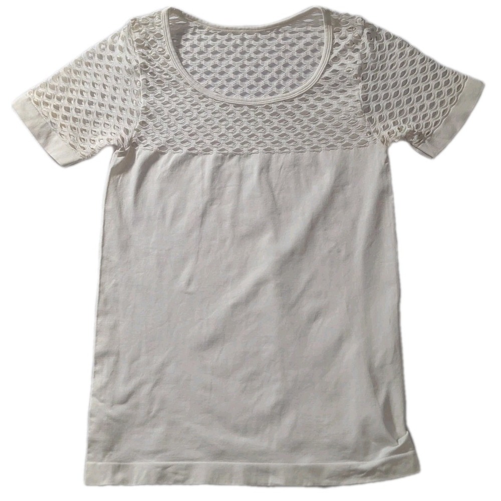 Venus Womens Medium Ivory Mesh Yoke Short Sleeve Blouse Casual Stretch Top